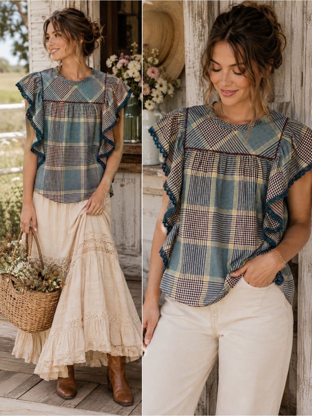 World Market Plaid Gingham Flutter Sleeve Blouse Size L/XL prairie cottagecore